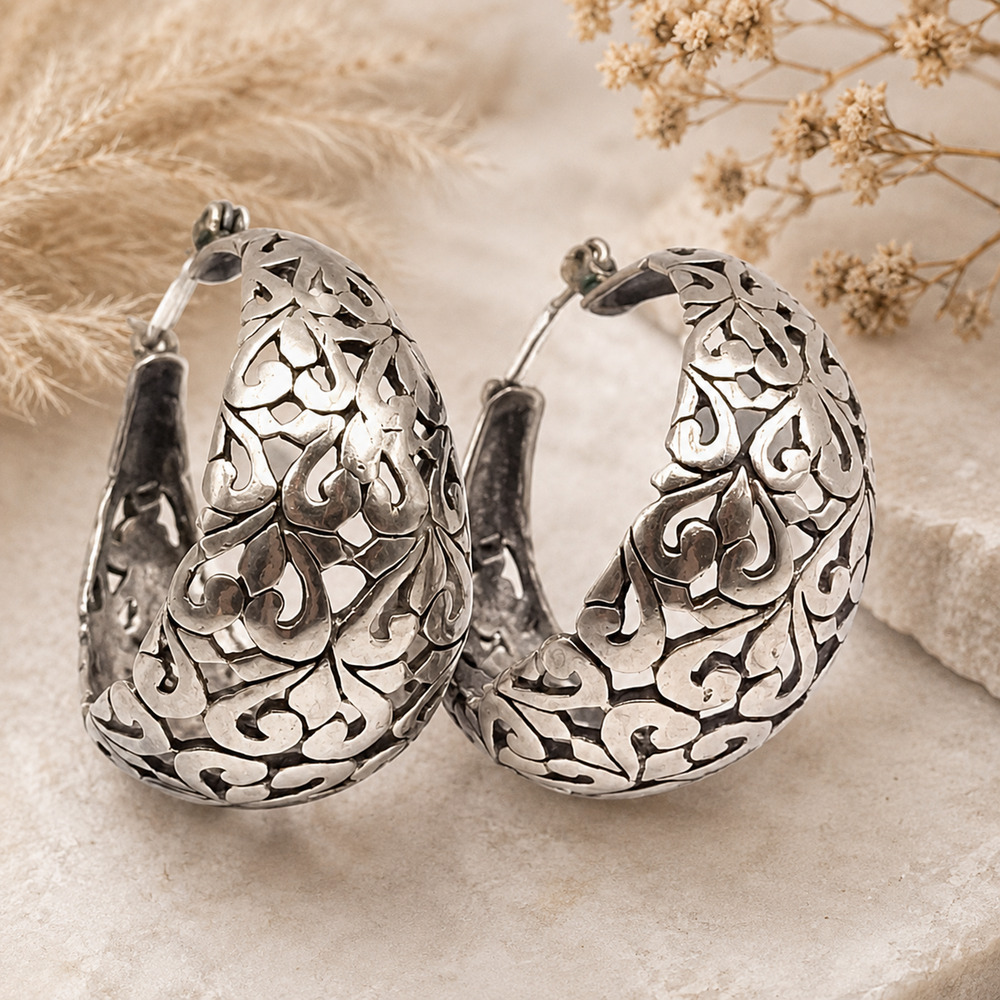 Jezlaine 925 Sterling Silver Openwork Scroll Filigree Hoop Earrings Boho 10.26g